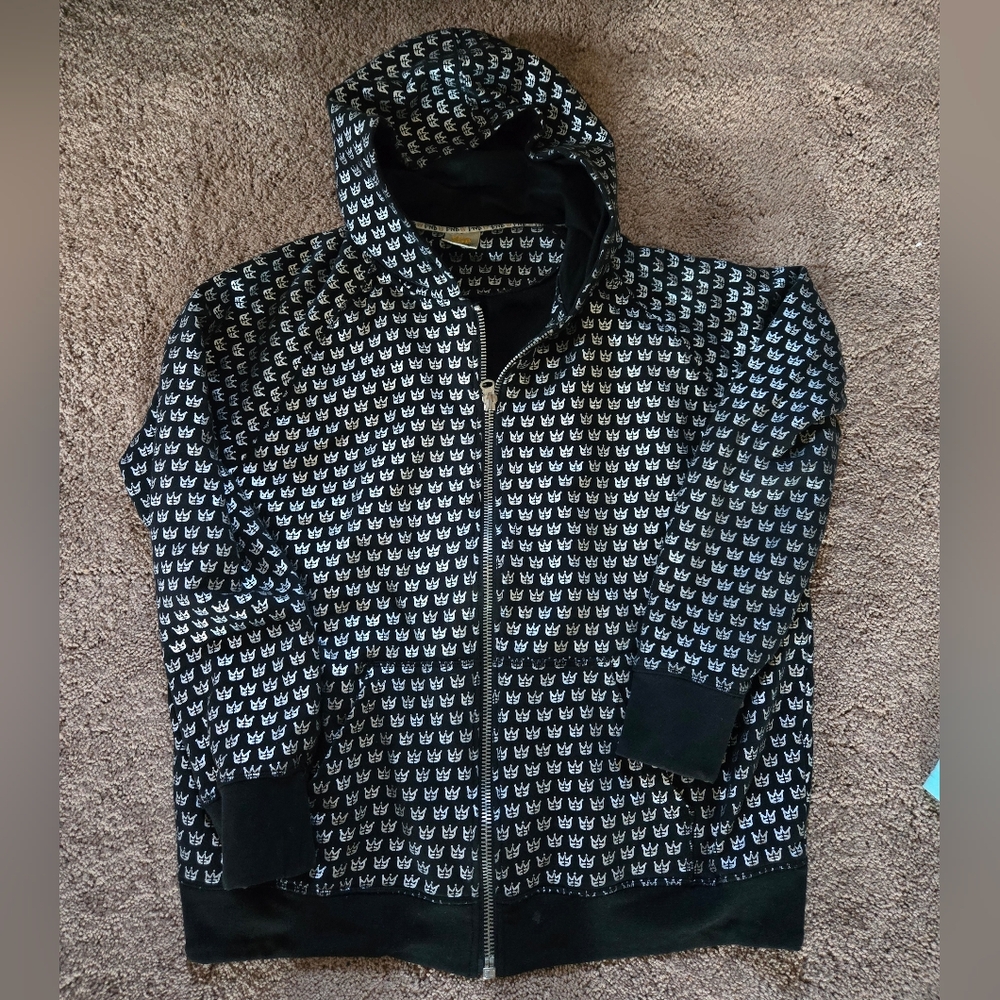 Black Zip Hoodie with Repeating White Crown Motif